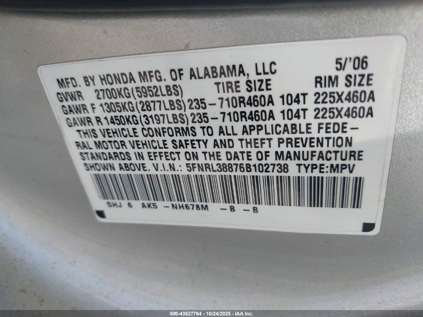 2006 Honda Odyssey Touring VIN: 5FNRL38876B102738 Lot: 43527764