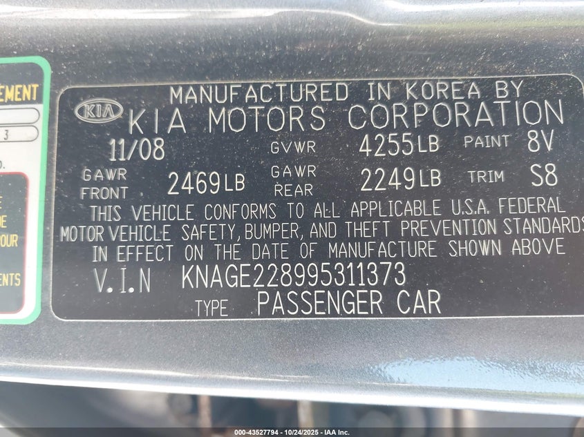 2009 Kia Optima Lx VIN: KNAGE228995311373 Lot: 43527794