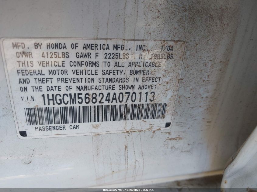 2004 Honda Accord 2.4 Ex VIN: 1HGCM56824A070113 Lot: 43527799