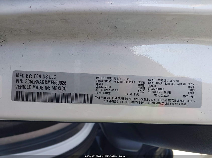 2021 Ram Promaster 1500 Low Roof 136 Wb VIN: 3C6LRVAGXME560026 Lot: 43527802