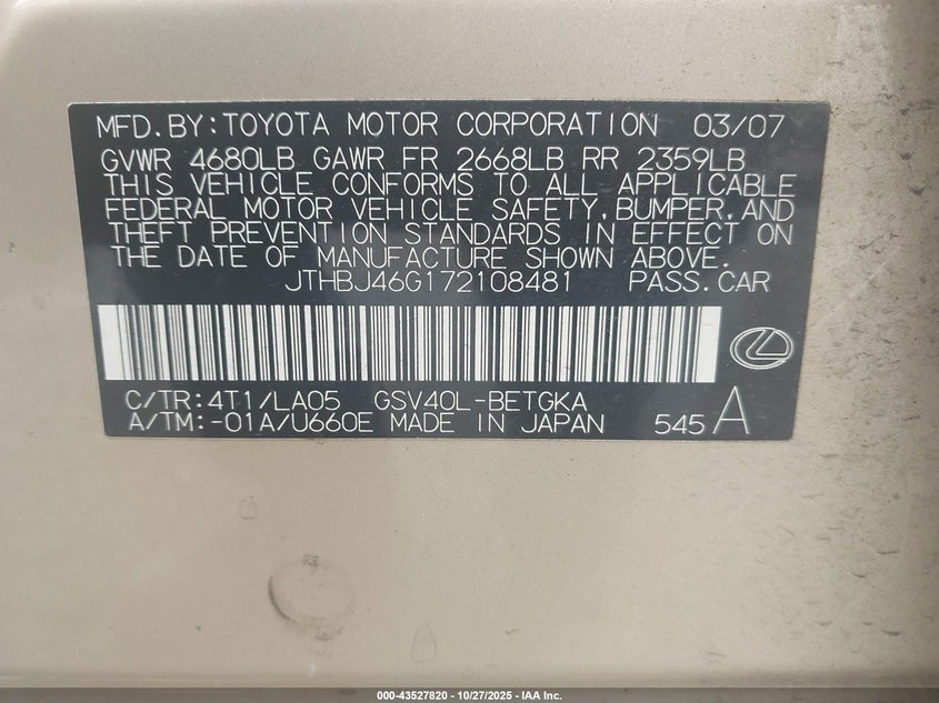 JTHBJ46G172108481 2007 LEXUS ES photo no. 9