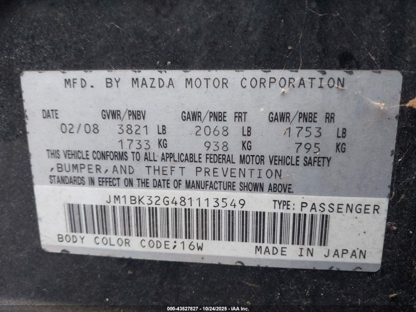 2008 Mazda Mazda3 I Touring Value VIN: JM1BK32G481113549 Lot: 43527827