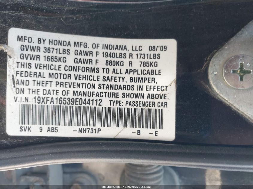 2009 Honda Civic Lx VIN: 19XFA16539E044112 Lot: 43527833