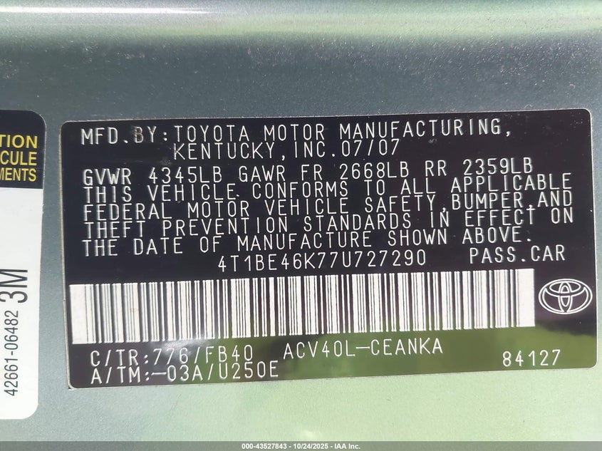 4T1BE46K77U727290 2007 TOYOTA CAMRY photo no. 9