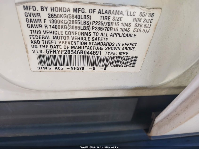 5FNYF28546B044591 2006 HONDA PILOT photo no. 9