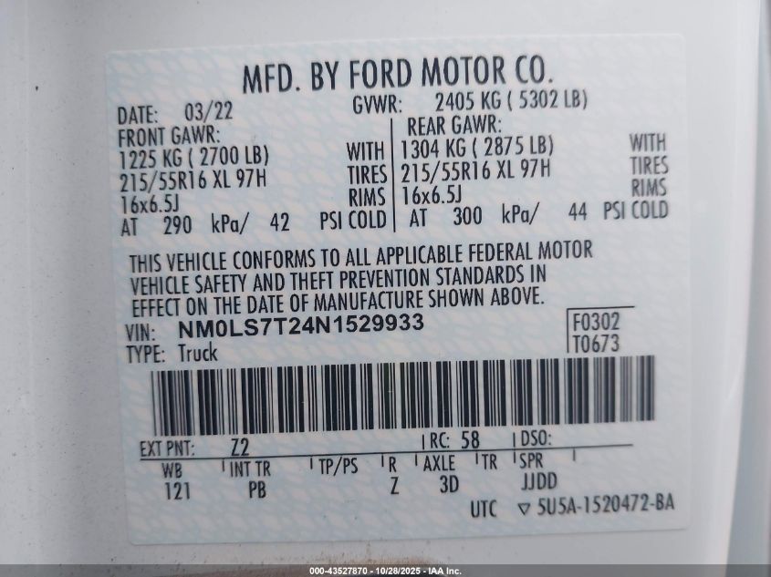 2022 Ford Transit Connect Xlt VIN: NM0LS7T24N1529933 Lot: 43527870