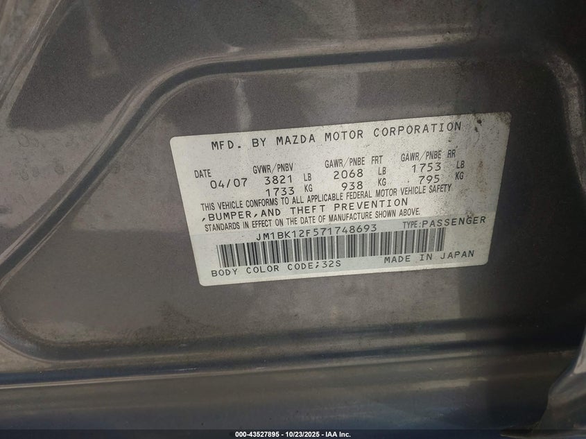 2007 Mazda Mazda3 I VIN: JM1BK12F571748693 Lot: 43527895