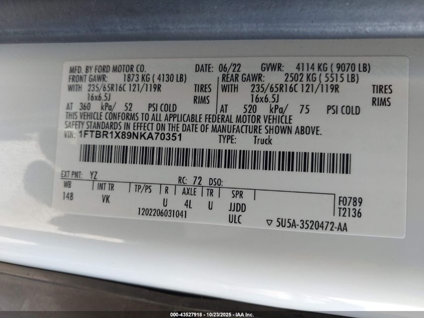 2022 Ford Transit-250 VIN: 1FTBR1X89NKA70351 Lot: 43527918