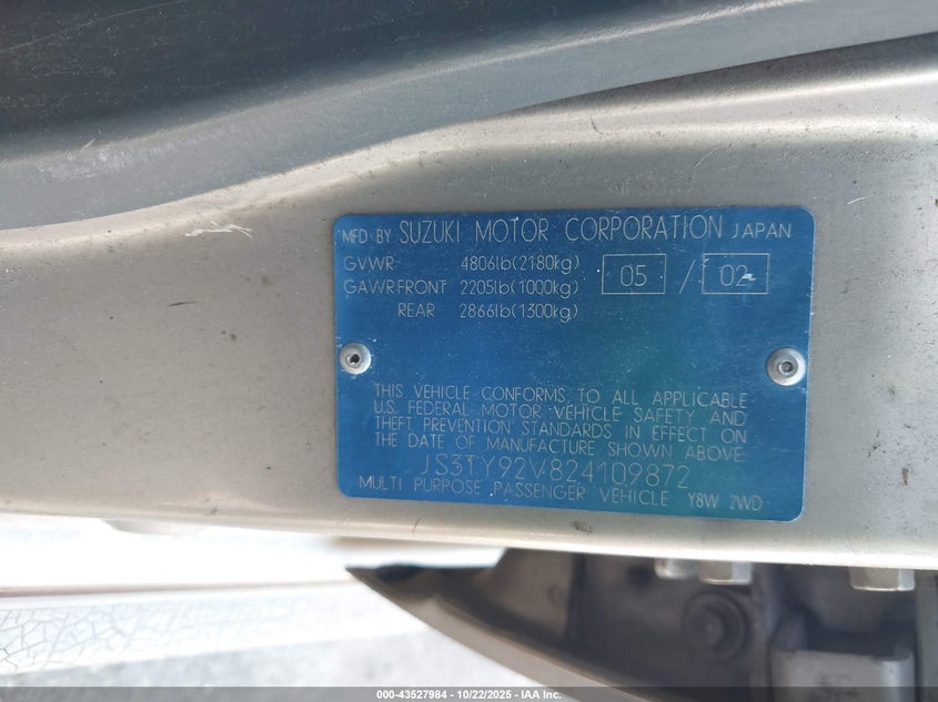 2002 Suzuki Xl-7 Limited/Plus/Standard/Touring VIN: JS3TY92V824109872 Lot: 43527984