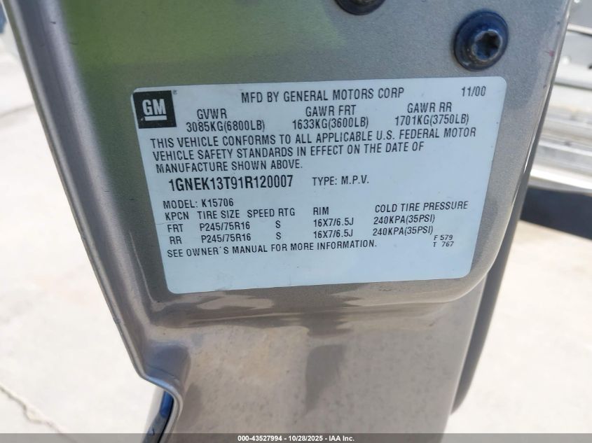 2001 Chevrolet Tahoe Ls VIN: 1GNEK13T91R120007 Lot: 43527994