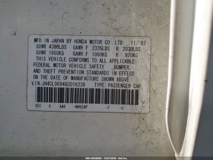 2008 Acura Tsx VIN: JH4CL96948C016239 Lot: 43528005