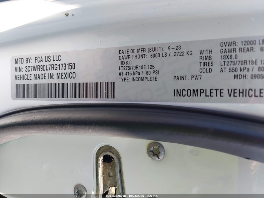 2024 Ram 3500 Chassis Tradesman/Slt/Laramie/Limited VIN: 3C7WR9CL7RG173150 Lot: 43528018