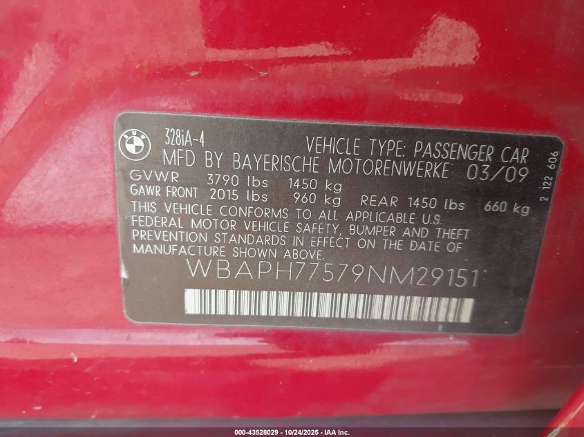 2009 BMW 328I VIN: WBAPH77579NM29151 Lot: 43528029