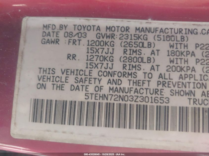 2003 Toyota Tacoma Base V6 VIN: 5TEHN72N03Z301653 Lot: 43528049