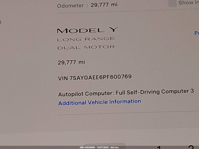 2023 Tesla Model Y Awd/Long Range Dual Motor All-Wheel Drive VIN: 7SAYGAEE6PF600769 Lot: 43528069