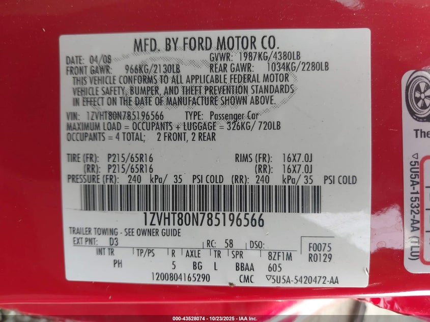 1ZVHT80N785196566 2008 FORD MUSTANG photo no. 9