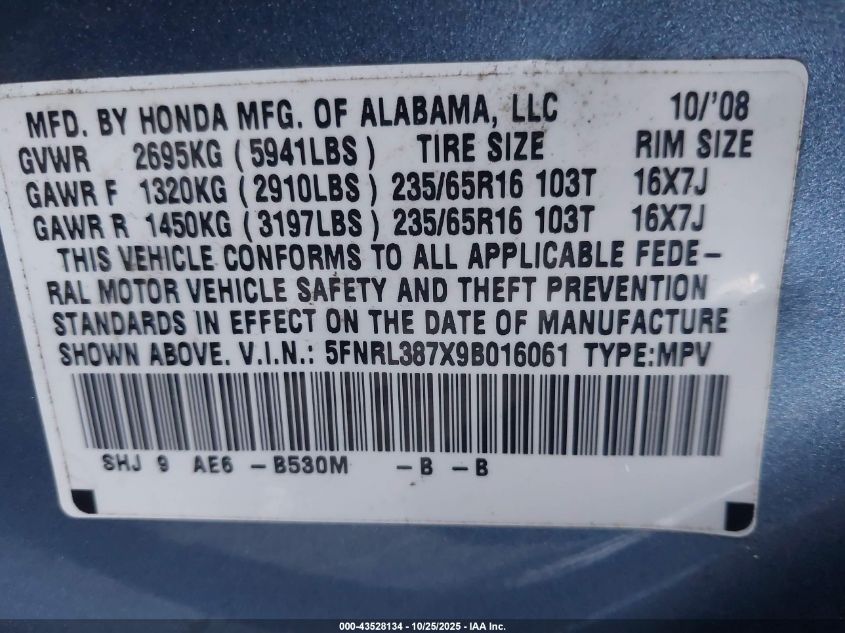 2009 Honda Odyssey Ex-L VIN: 5FNRL387X9B016061 Lot: 43528134