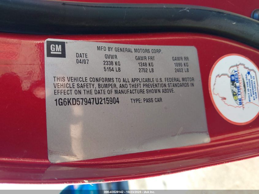 2007 Cadillac Dts Performance VIN: 1G6KD57947U215904 Lot: 43528142