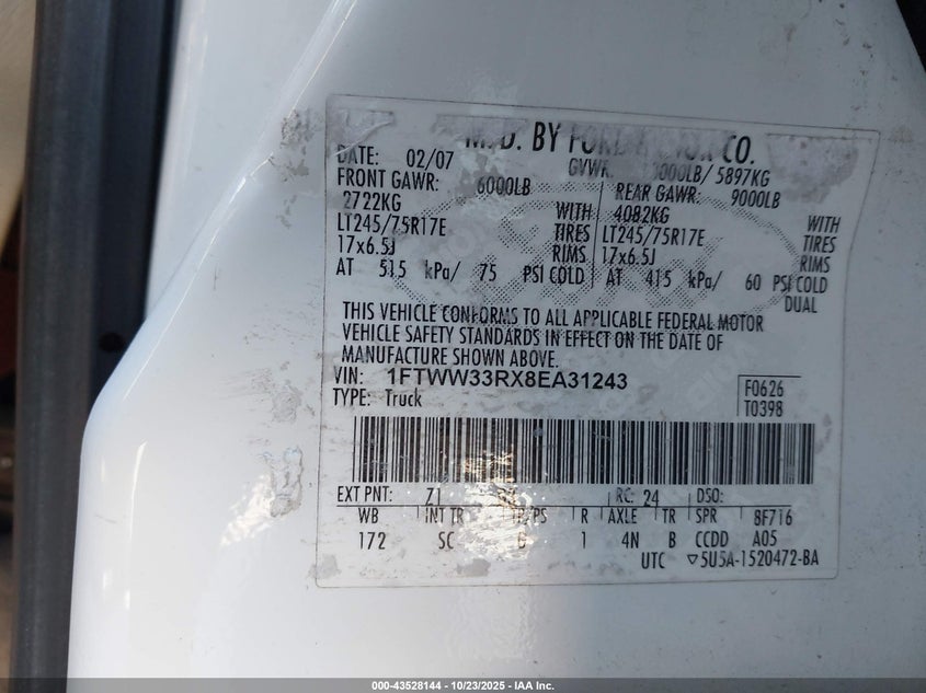 2008 Ford F-350 Fx4/King Ranch/Lariat/Xl/Xlt VIN: 1FTWW33RX8EA31243 Lot: 43528144