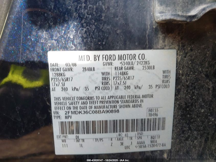 2008 Ford Edge Se VIN: 2FMDK36C08BA90898 Lot: 43528147