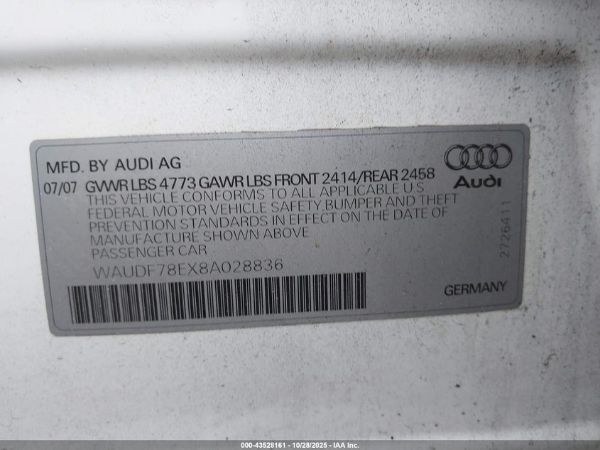 2008 Audi A4 2.0T/2.0T Special Edition VIN: WAUDF78EX8A028836 Lot: 43528161