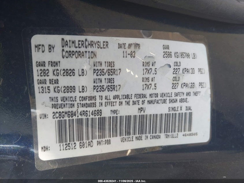 2004 Chrysler Pacifica VIN: 2C8GM68414R614689 Lot: 43528241