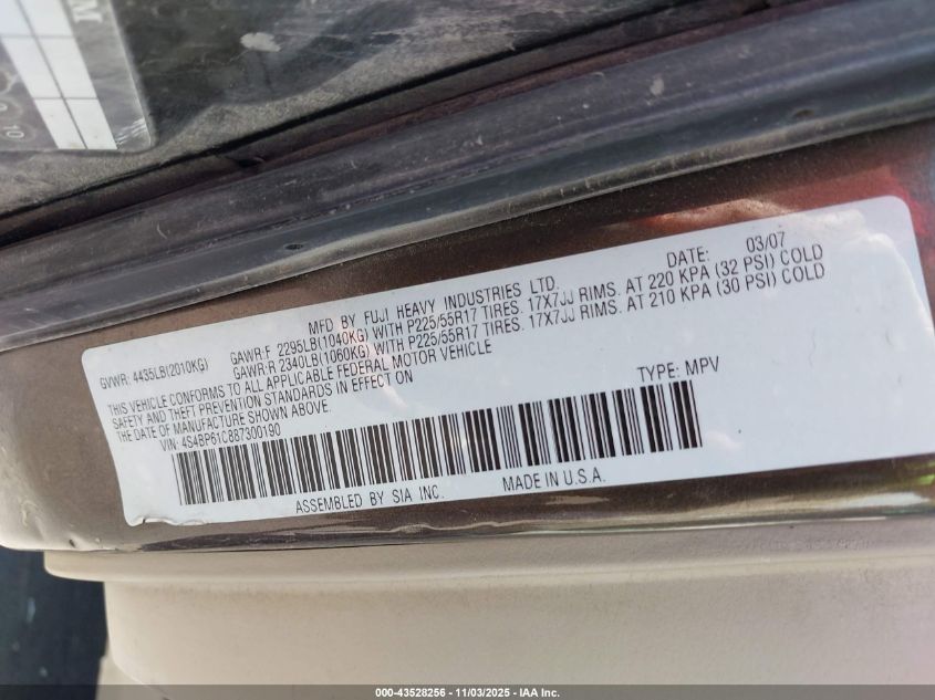 2008 Subaru Outback 2.5I/2.5I L.l. Bean Edition VIN: 4S4BP61C887300190 Lot: 43528256