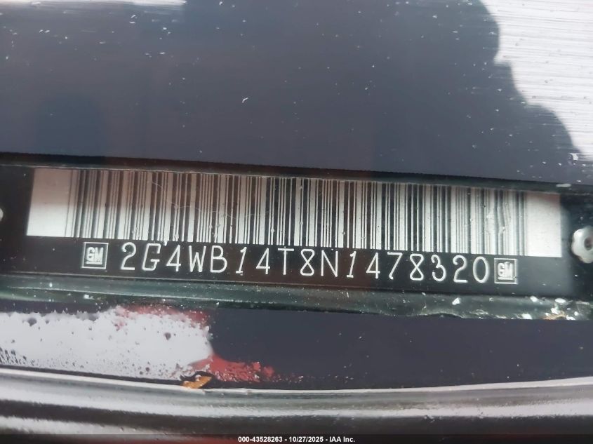 1992 Buick Regal Custom VIN: 2G4WB14T8N1478320 Lot: 43528263