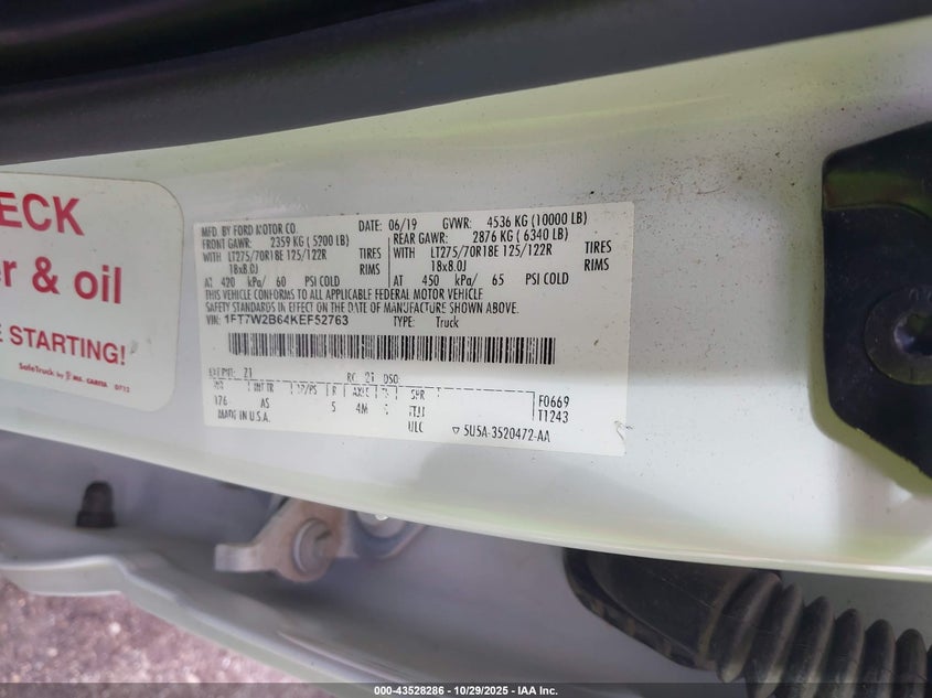 2019 Ford F250 Super Duty VIN: 1FT7W2B64KEF52763 Lot: 43528286