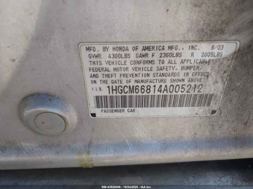 2004 Honda Accord Sdn Ex VIN: 1HGCM66814A005212 Lot: 43528308