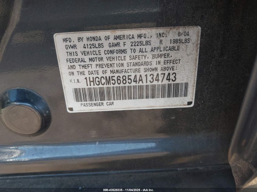 2004 Honda Accord 2.4 Ex VIN: 1HGCM56854A134743 Lot: 43528335