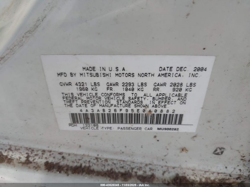 2005 Mitsubishi Galant De VIN: 4A3AB26F95E040882 Lot: 43528345