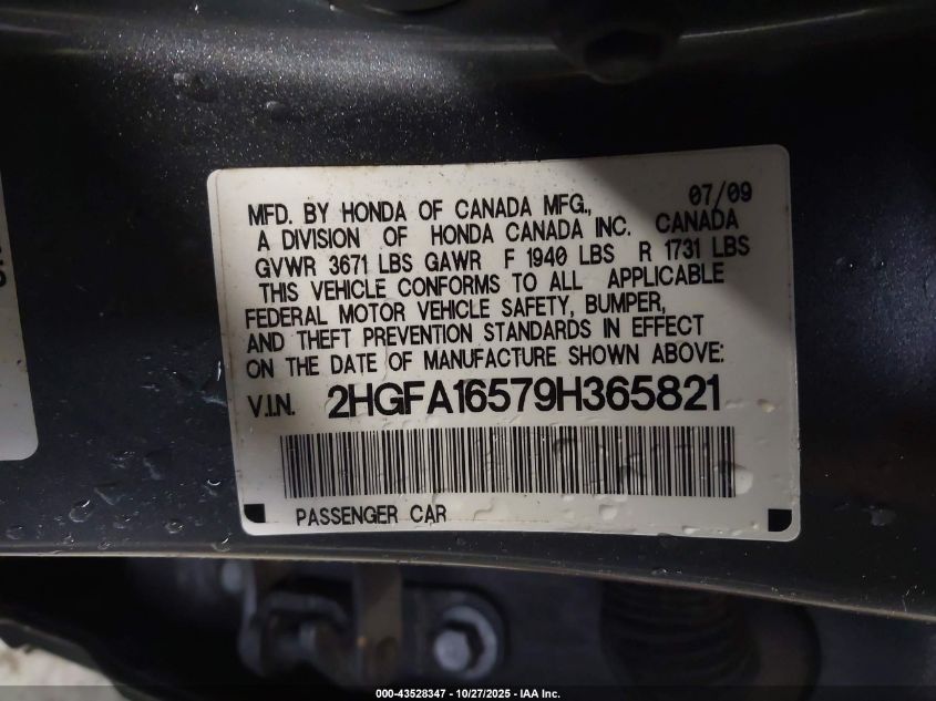 2009 Honda Civic Lx VIN: 2HGFA16579H365821 Lot: 43528347