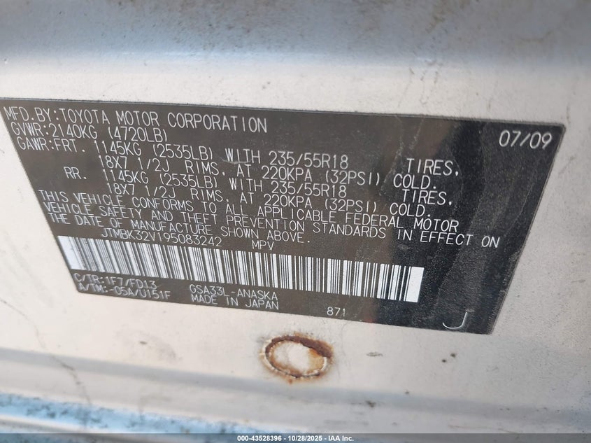 2009 Toyota Rav4 Sport V6 VIN: JTMBK32V195083242 Lot: 43528396