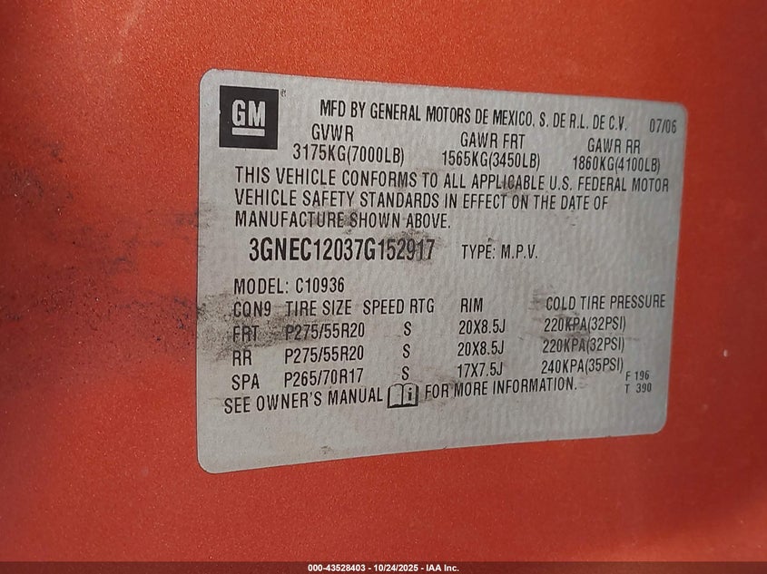 2007 Chevrolet Avalanche 1500 Ltz VIN: 3GNEC12037G152917 Lot: 43528403