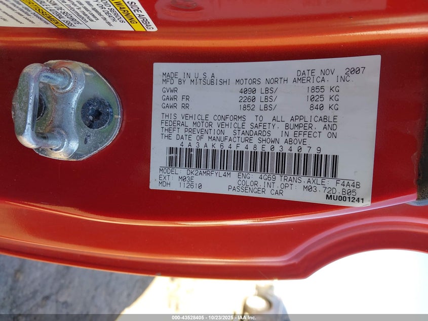 2008 Mitsubishi Eclipse Gs/Se VIN: 4A3AK64F48E034079 Lot: 43528405