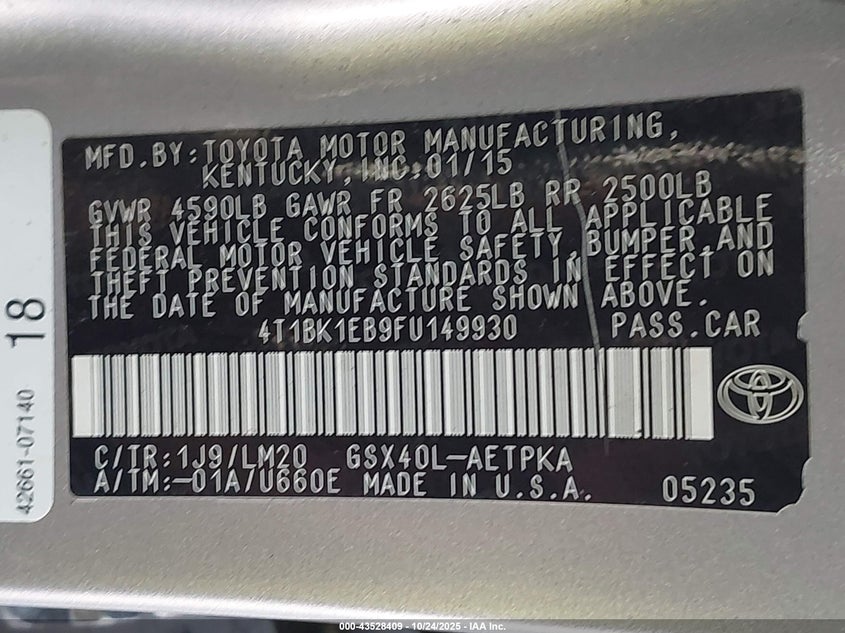 2015 TOYOTA AVALON LIMITED 4T1BK1EB9FU149930