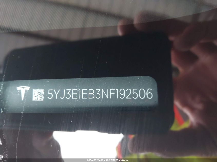 2022 Tesla Model 3 Long Range Dual Motor All-Wheel Drive VIN: 5YJ3E1EB3NF192506 Lot: 43528430