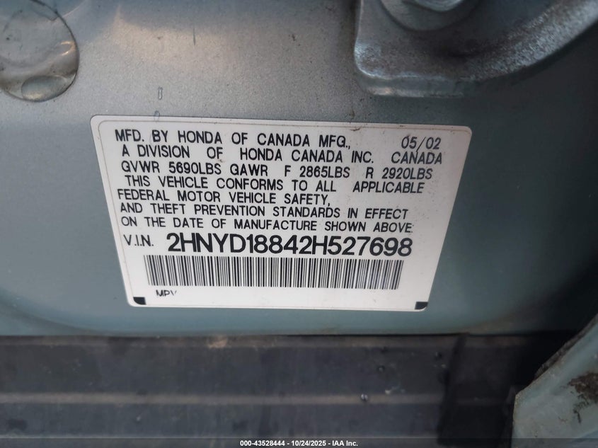 2002 Acura Mdx VIN: 2HNYD18842H527698 Lot: 43528444