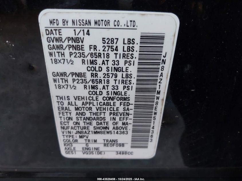 2004 Nissan Murano Sl VIN: JN8AZ08T14W217380 Lot: 43528456