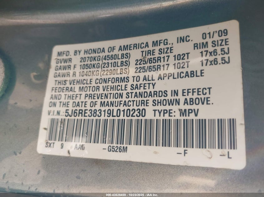 2009 Honda Cr-V Lx VIN: 5J6RE38319L010230 Lot: 43528459