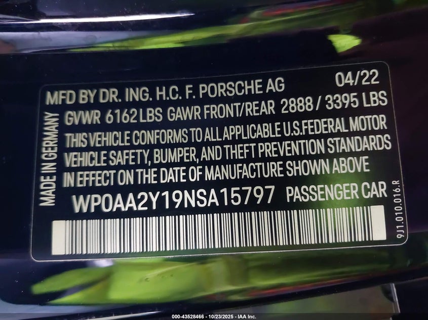 VIN WP0AA2Y19NSA15797 2022 PORSCHE TAYCAN
