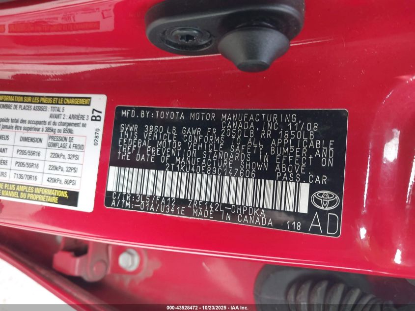 2009 Toyota Matrix VIN: 2T1KU40E89C147606 Lot: 43528472