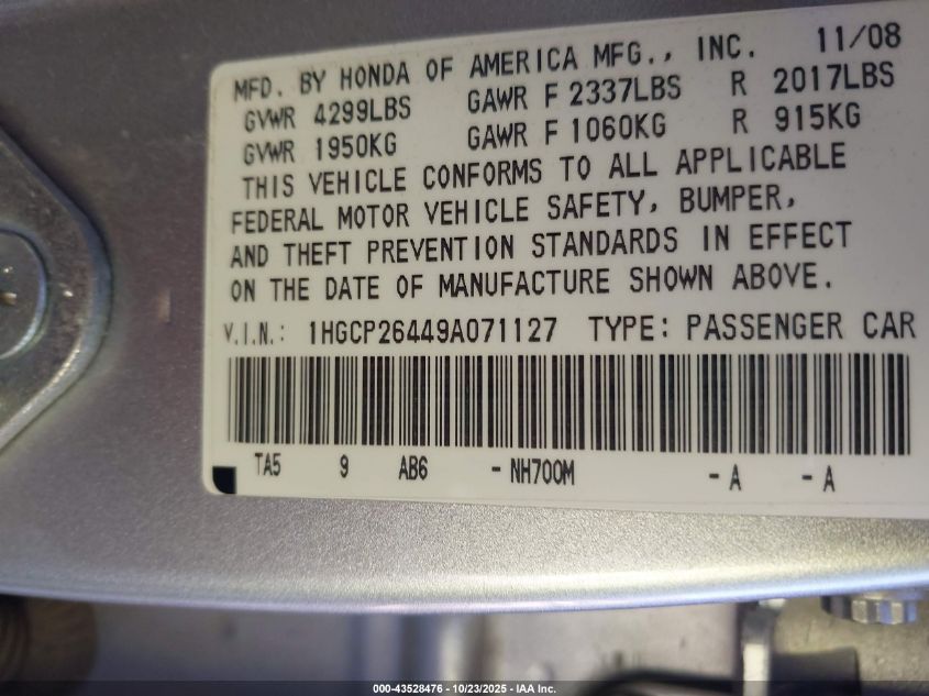 2009 Honda Accord 2.4 Lx-P VIN: 1HGCP26449A071127 Lot: 43528476