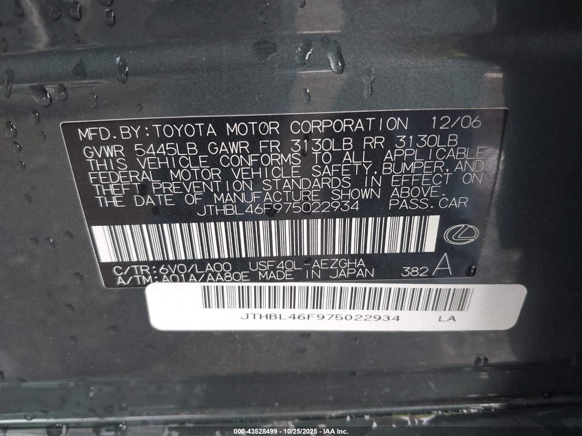 2007 Lexus Ls 460 VIN: JTHBL46F975022934 Lot: 43528499