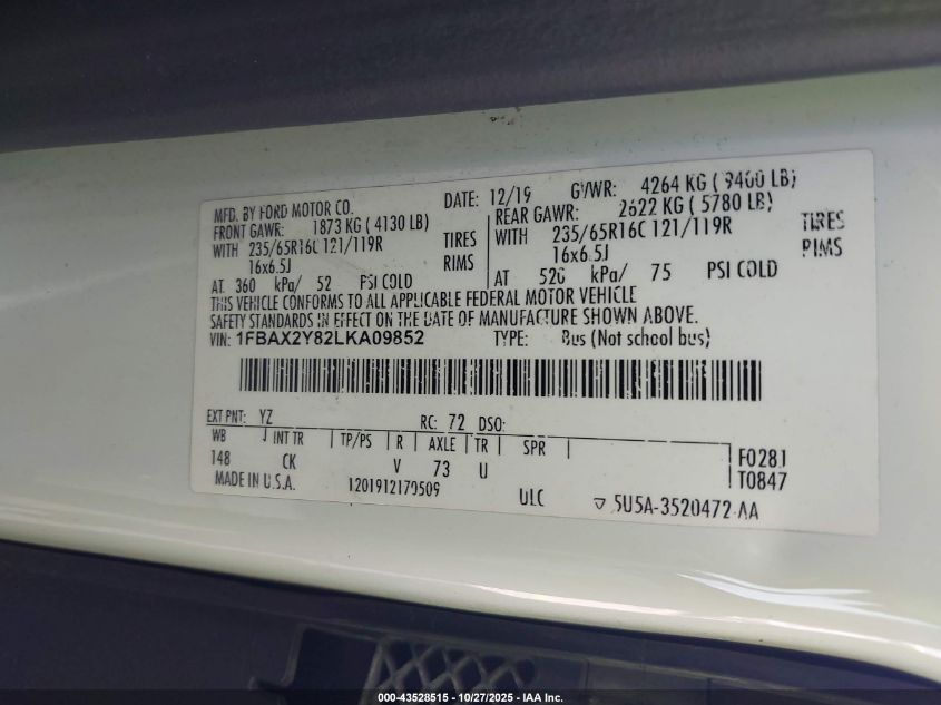 2020 Ford Transit-350 Passenger Van Xlt VIN: 1FBAX2Y82LKA09852 Lot: 43528515