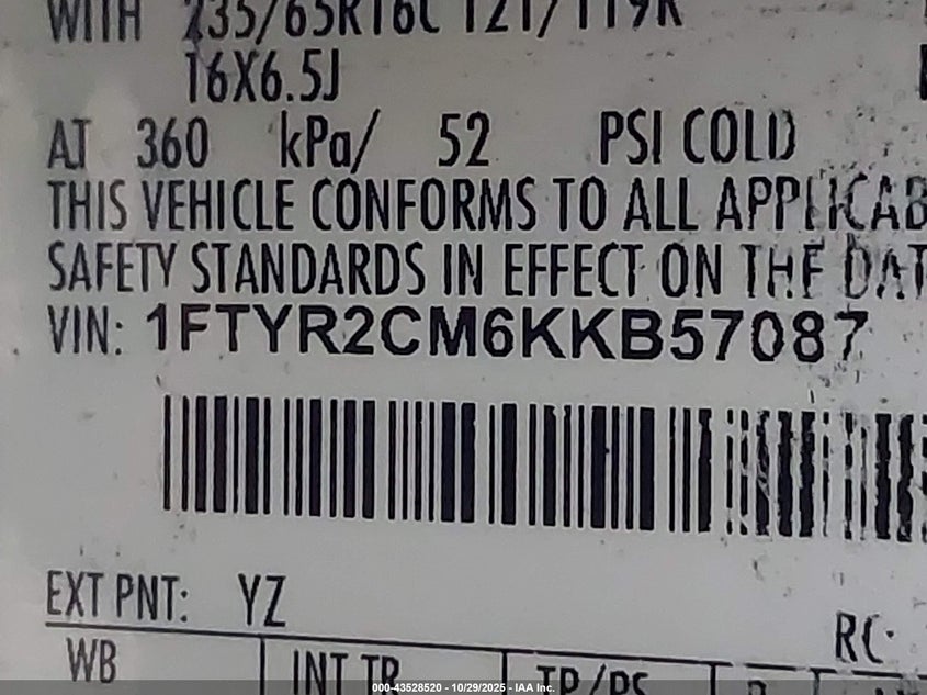 2019 Ford Transit-250 VIN: 1FTYR2CM6KKB57087 Lot: 43528520