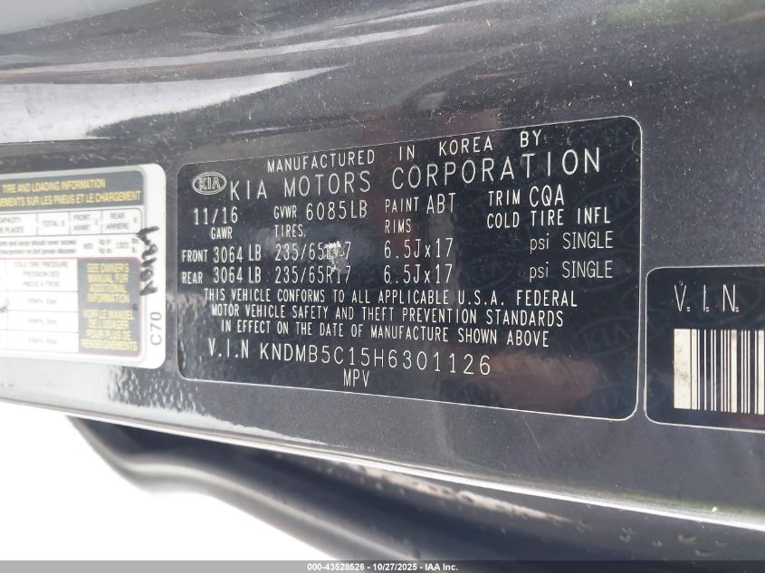 2017 Kia Sedona Lx VIN: KNDMB5C15H6301126 Lot: 43528526