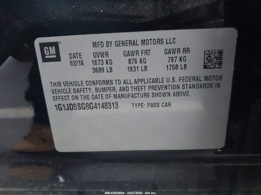 2016 Chevrolet Sonic Lt Manual VIN: 1G1JD5SG8G4148313 Lot: 43528554