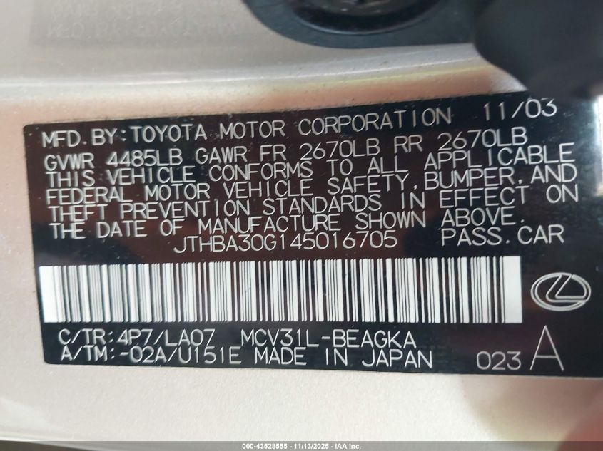 2004 Lexus Es 330 VIN: JTHBA30G145016705 Lot: 43528555